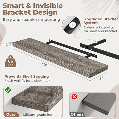40 Inch Floating Shelves for Wall Set of 2, 8"D Wood Grain Bathroom Shelves with Invisible Brackets, Easy Install Engineered Wood Storage Shelves for Kitchen, Living Room, Bedroom, Grey Oak Finish