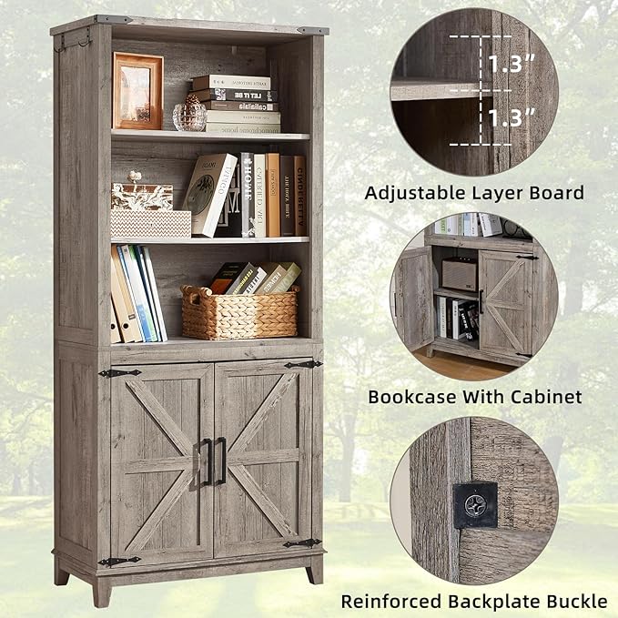 70in Tall Bookshelf 5 Tier Bookcase with Barn Doors and Adjustable Shelves, Grey Farmhouse Book Shelf with Storage Cabinet, Wood Freestanding Display Bookshelves for Bedroom, Kitchen (2PCS)