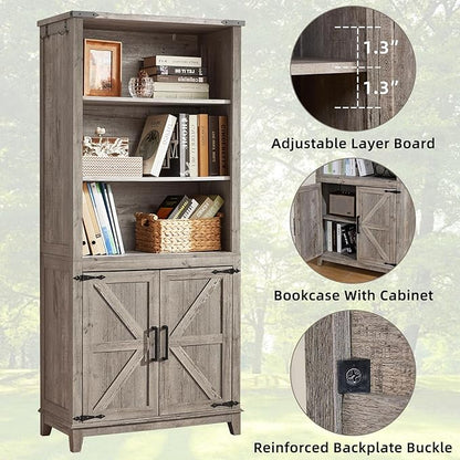70in Tall Bookshelf 5 Tier Bookcase with Barn Doors and Adjustable Shelves, Grey Farmhouse Book Shelf with Storage Cabinet, Wood Freestanding Display Bookshelves for Bedroom, Kitchen (2PCS)