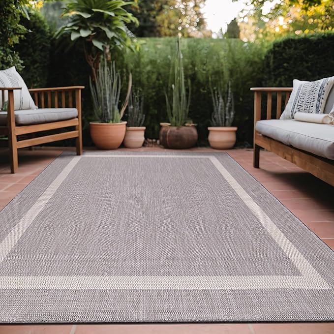 Bordered Outdoor Rug 6x9 Washable Outside Carpet for Indoor Patio Porch Waterproof Easy Cleaning Non Shedding Area Rugs Gray 6 x 9