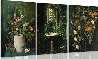 3Pcs Framed Vintage Dark Green Bathroom Wall Art Shower Toilet Paper Roll Floral Poster Print Modern Farmhouse plants Painting Picture Wall Decor For Bathroom Living Room Decoration