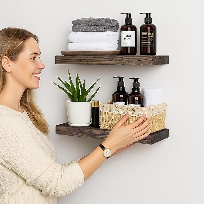 BGMG Floating Shelves 16 inch Long, Distressed,Wide Rustic Wooden Wall Shelves for Bathroom Living Room Bedroom Kitchen Farmhouse Set of 2-16x6.7x1.25 inch-Distressed Walnut