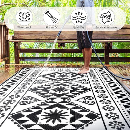 Waterproof Outdoor Rug 8x10ft, Reversible Plastic Straw Mat Rugs for Patio RV Deck Porch Backyard Balcony Camping Picnic Beach Indoor Outdoor Carpet, Black&White