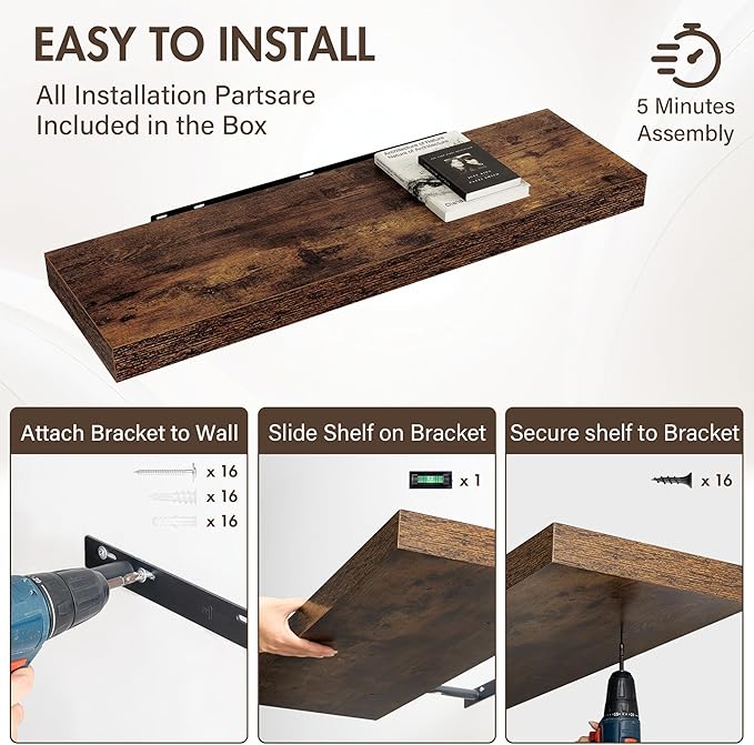 40 Inch Floating Shelves, 12" Deep Floating Shelf Wall Mounted, 40" Wall Shelves, Rustic Deep Bookshelf, Extra Deeper & Thicker Display Shelves for Bedroom, Living Room, Brown, Set of 2