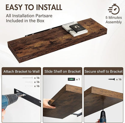 40 Inch Floating Shelves, 12" Deep Floating Shelf Wall Mounted, 40" Wall Shelves, Rustic Deep Bookshelf, Extra Deeper & Thicker Display Shelves for Bedroom, Living Room, Brown, Set of 2