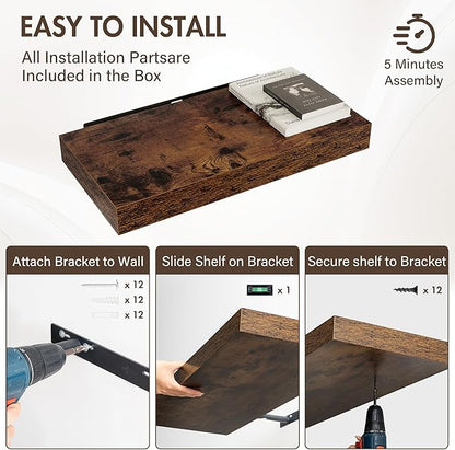 24 Inch Floating Shelves, 12" Deep Floating Shelf Wall Mounted, 24" Wall Shelves, Rustic Deep Bookshelf, Extra Deeper & Thicker Display Shelves for Bedroom, Living Room, Brown, Set of 2