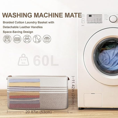 60L Large Laundry Basket with Leather Handles for Living Room Storage, Woven Rope Baskets Bin for Blanket, Kids Toy, Gifts, Wicker Hamper for Bedroom Dirty Clothes, 21"x15"x11" White Brown