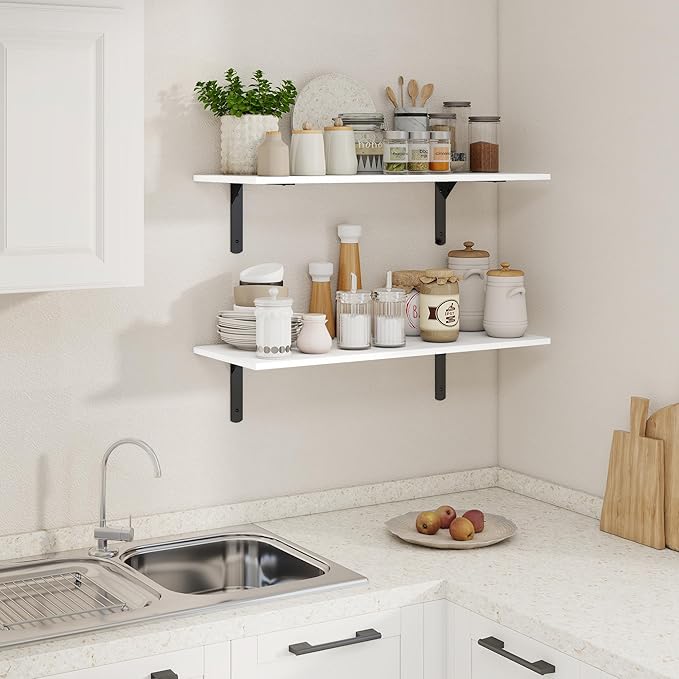 30" W x 12" D White Floating Shelves for Wall, Deep Wall Shelves with Visible Bracket for Books, Plant, Large Deep Bathroom Shelf for Storage & Display, Set of 2