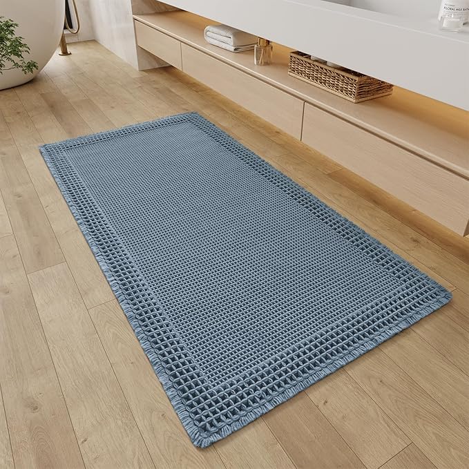 RESARE Waffle Bathroom Runner Rugs, Super Absorbent Bath Mat Non Slip Washable Quick Dry, Upgraded Ultra Soft Boho Bath Rugs with Tassels for Hallway Bedroom Laundry Room, 2'x4'(24"x48"), Blue