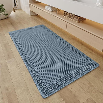 RESARE Waffle Bathroom Runner Rugs, Super Absorbent Bath Mat Non Slip Washable Quick Dry, Upgraded Ultra Soft Boho Bath Rugs with Tassels for Hallway Bedroom Laundry Room, 2'x4'(24"x48"), Blue