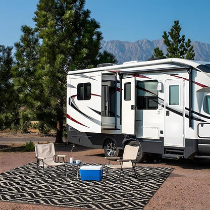 OLANLY Outdoor Rug 5x8 ft Waterproof, Outdoor Plastic Straw Rug with Geometric Pattern Clearance, Reversible RV Mat for Patio, Camping, Balcony, Deck, Backyard, Black & Beige