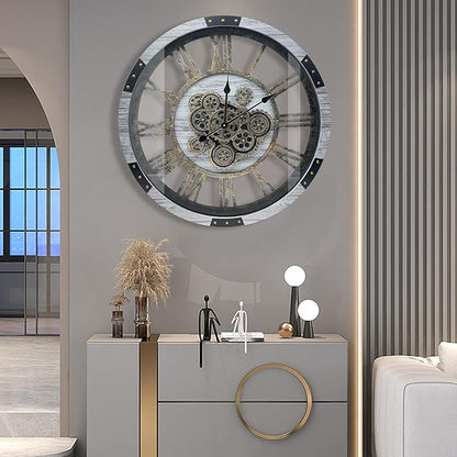 DORBOKER 24" Large Wall Clock with Moving Gears,Oversize Vintage Industrial Rustic Farmhouse Clocks for Living Room Decor Office Home,Solid Wood HD Tempered Glass Cover,Silver Grey