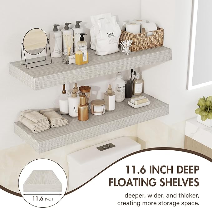 36 Inch Floating Shelves, 12" Deep Floating Shelf Wall Mounted, 36" Wall Shelves, Rustic Deep Bookshelf, Extra Deeper & Thicker Display Shelves for Bedroom, Living Room, Gray, Set of 2
