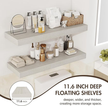 36 Inch Floating Shelves, 12" Deep Floating Shelf Wall Mounted, 36" Wall Shelves, Rustic Deep Bookshelf, Extra Deeper & Thicker Display Shelves for Bedroom, Living Room, Gray, Set of 2