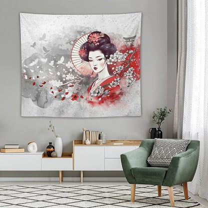 Japanese Geisha Tapestry Asian Red Cherry Blossom Traditional Kimono Folk Tapestries Home Decor for Living Room Bedroom Apartment Farmhouse Dorm 60"x50"