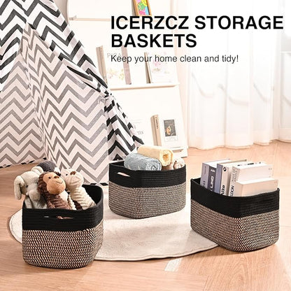 Storage Baskets for Shelves Organizing, Woven Cotton Rope Baskets for Storage, Book Basket, Decorative Shelf Basket, 12.5"Lx9.1''Wx7.9''H (4 Packs) Black & Jute