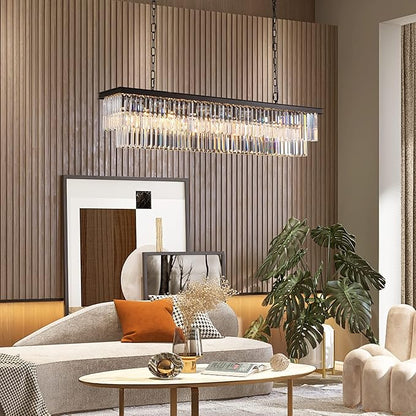 Rectangle Crystal Chandelier Black Modern Linear Chandelier Contemporary Pendant Light Fixture 8-Light Hanging Ceiling Light for Dining Room Living Room Kitchen Bedroom Foyer 47''