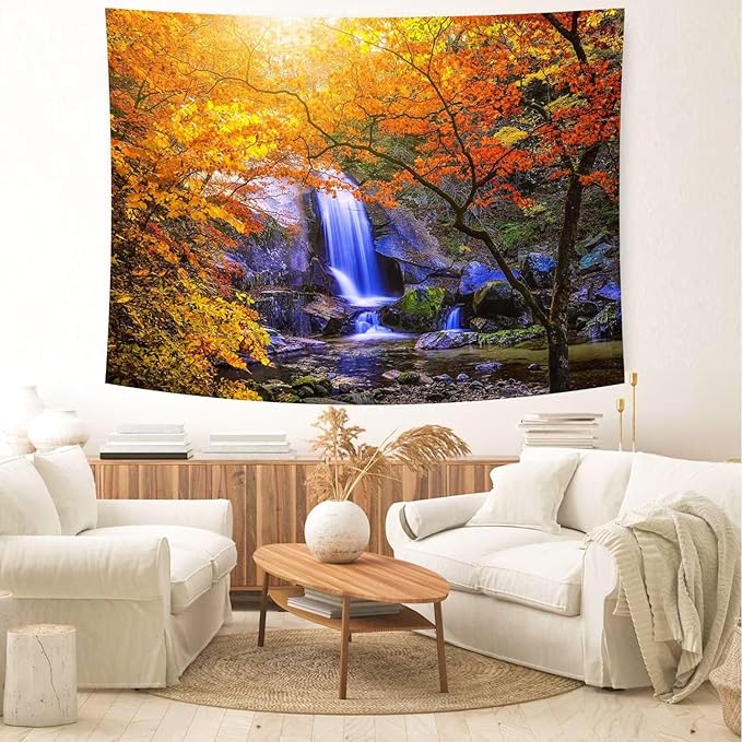 Delur Waterfall Tapestry Forest Nature Scenic Tree Mountain Sunset Tapestry Wall Hanging Natural Landscape Sunrise Headboard for Bedroom Living Room Home Decor (59.1" x 78.7")