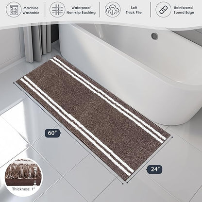 PURRUGS Bathroom Rug Non-Slip Machine Washable 24" x 60", Super Absorbent and Quick Dry Shaggy Microfiber Bath Mat, Extra Soft and Plush Bath Rug for Bathtub, Shower and Sink, Brown