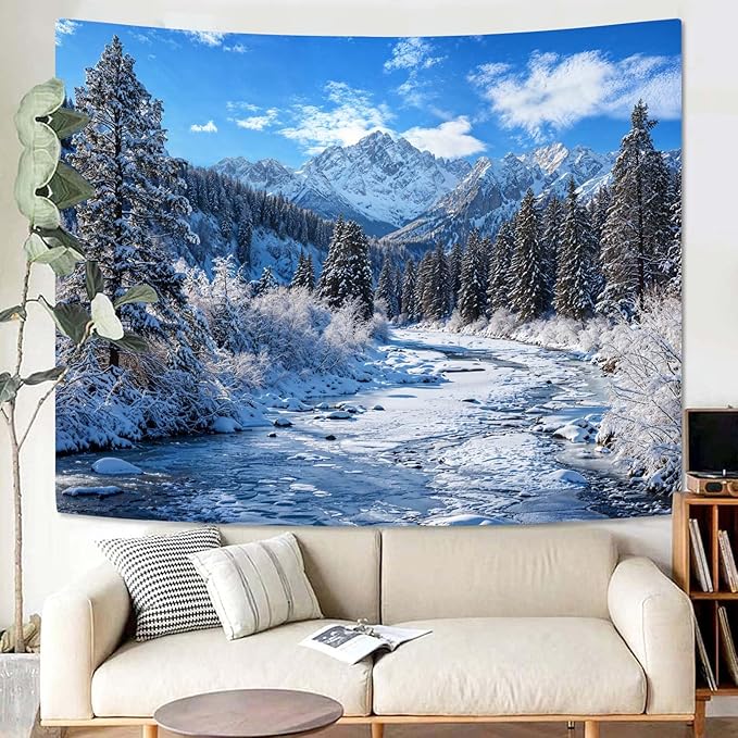 AMM Winter Forest Snow Mountain Tapestry Snowy Pine Tree Woodland Tapestry for Bedroom Aesthetic White Clouds Flowing River Landscape Tapestries Wall Hanging for Living Room Dorm Office 90 x 68 Inch