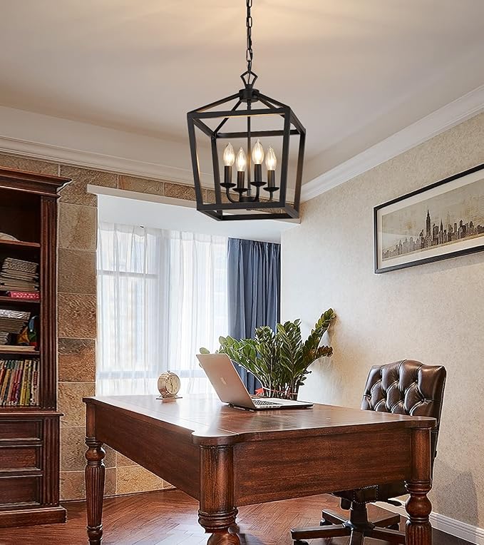 AMZASA Farmhouse Rustic Black Lantern Chandelier Hanging Light Fixture 4-Lights for Kitchen Island Dining Room Hallway Entryway Foyer UL Listed