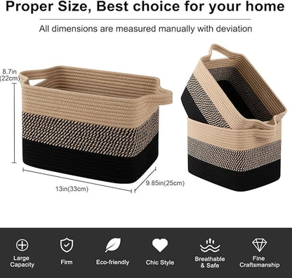 OIAHOMY Storage Basket, Woven Baskets for Storage, Cotton Rope Basket for toys,Towel Baskets for Bathroom - Pack of 3, Black & Brown