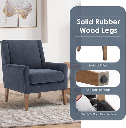 COLAMY Modern Wingback Living Room Chair, Upholstered Fabric Accent Armchair, Single Sofa Chair with Lounge Seat and Wood Legs for Bedroom/Office/Reading Spaces, Blue