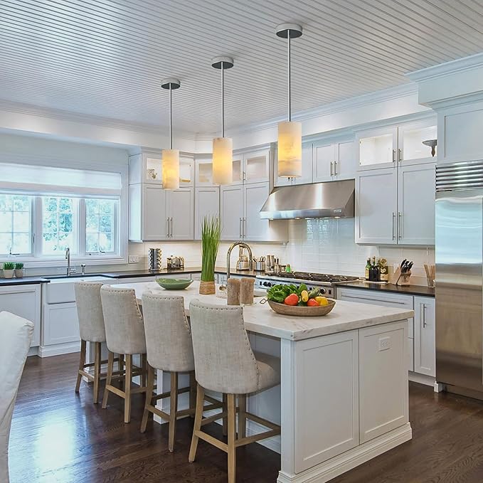 Alabaster Pendant Light Kitchen Island, H-9.5in Nickel Pendant Light Fixtures with Natural Marble Shade, Adjustable Ceiling Pendant for Dining Room, Living Room, Bedroom & Bathroom