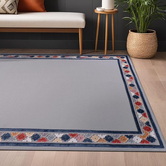 Beverly Rug Outdoor Rug 6x9 Modern Bordered Area Rugs for Indoor and Outdoor Patio Easy to Clean Non Shedding Living Room Porch Garden Washable Outside Carpet (6 x 9 Gray)