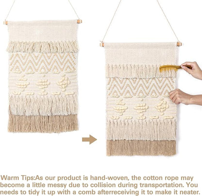 Dremisland Macrame Woven Wall Hanging Home Decor Bohemian Beige Geometric Wave Art Decor with Wool Ball and Tassle-Elegant Apartment Bedroom Dorm Room Door Decoration, 15.7" W x 22" L (Beige Wool Ball)