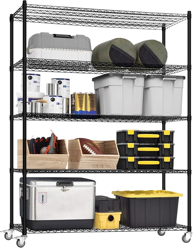 5 Tier Wire Shelf Shelving Unit, 60"x 24"x82" Metal Storage Shelves, Heavy Duty Garage Storage Shelves with Wheels, Chrome 3000LBS Capacity Wire Shelf Rack for Restaurant, Garage, Pantry, Kitchen