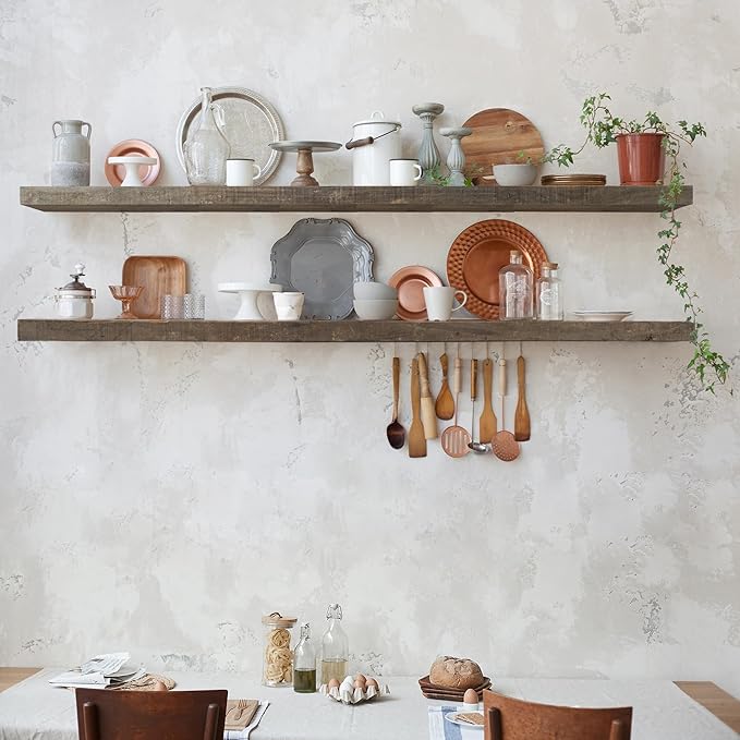 48 Inch Fireplace Mantel Shelf - 8 Inch Deep Rustic Solid Reclaimed Wood Floating Shelf, Wall Mounted Farmhouse Display Shelf with Invisible Heavy Duty Metal Bracket, Set of 2, Cement Grey