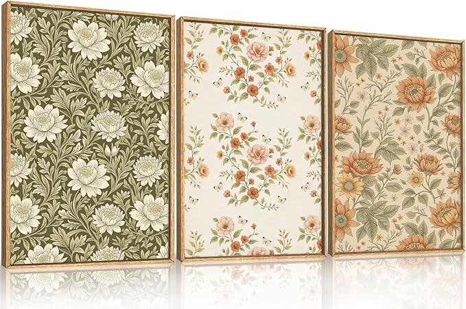 Vintage Pastoral Floral Framed Canvas Wall Art Set, Boho Colorful Flower Wall Decor, Peony Wildflower Wall Painting, Retro Botanical Art Prints for Living Room, Bedroom, Office - 16"X24"X3