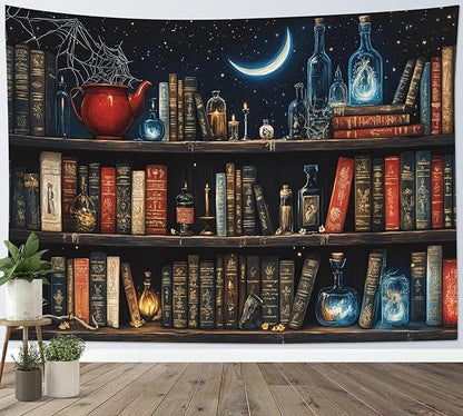 LB Fantasy Bookshelf Tapestry, Horror Spider and Vintage Book with Moon Wall Tapestry for Bedroom Aesthetic, Trippy Galaxy Wall Art for Living Room Dorm Home Decor Ready to Hanging, 80 x 60 Inches