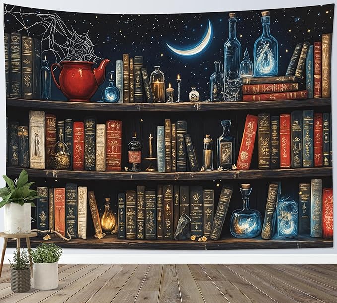 LB Fantasy Bookshelf Tapestry, Horror Spider and Vintage Book with Moon Wall Tapestry for Bedroom Aesthetic, Trippy Galaxy Wall Art for Living Room Dorm Home Decor Ready to Hanging, 48 x 36 Inches