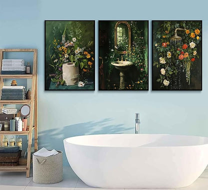 3Pcs Vintage Dark Green Bathroom Wall Art Shower Toilet Paper Roll Floral Poster Print Modern Farmhouse plants Painting Picture Wall Decor For Bathroom Living Room Decoration Unframed