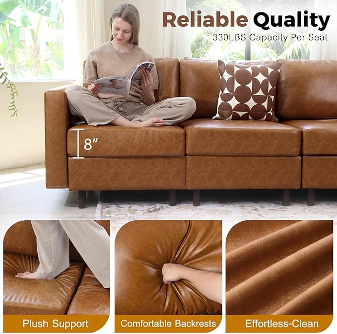 118.5" Faux Leather Modular Sectional Sofa, L Shaped Couch Set for Living Room, 7-Seater Comfy Cloud Couches with Storage Seat Brown