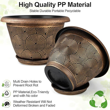 10 Inch Flower Pots Planters for Indoor Outdoor Plants, 3 Pack Plastic Large Plant Pots with Drainage Hole & Tray, Modern Decorative Garden Pot with Saucer, Plant Container for House