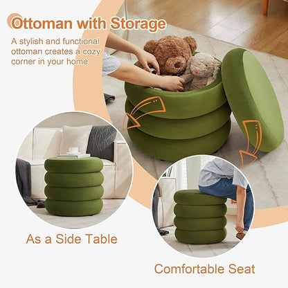 ONEVOG Round Storage Ottoman, 20" Small Ottomans Table with Removable Lid, Velvet Fabric Soft Footrest Stool for Couch, Upholstered Stuffed Circle Seat for Livingroom/Bedroom/Dorm/Vanity, Olive Green