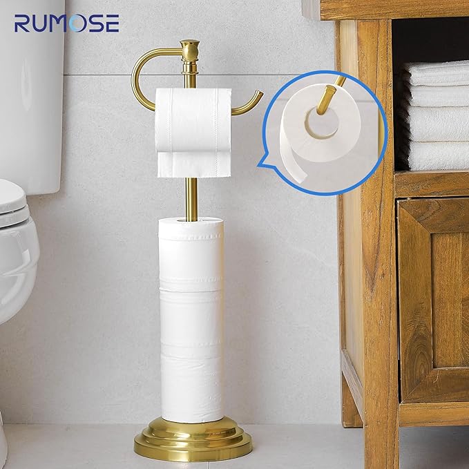 RUMOSE Toilet Paper Holder Stand for Floor, Brushed Gold Adjustable (12.4" to 22.8") Bathroom Toilet Tissue Holder, Free Standing Toilet Paper Roll Holder with Storage, Stainless Steel