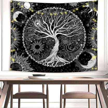 AACKart Tree of Life Tapestry for Bedroom Aesthetic Room Decor-Black and White Spiritual Tree Tapestry Wall Hanging with Sun Moon Star 78.7×59.1 inches