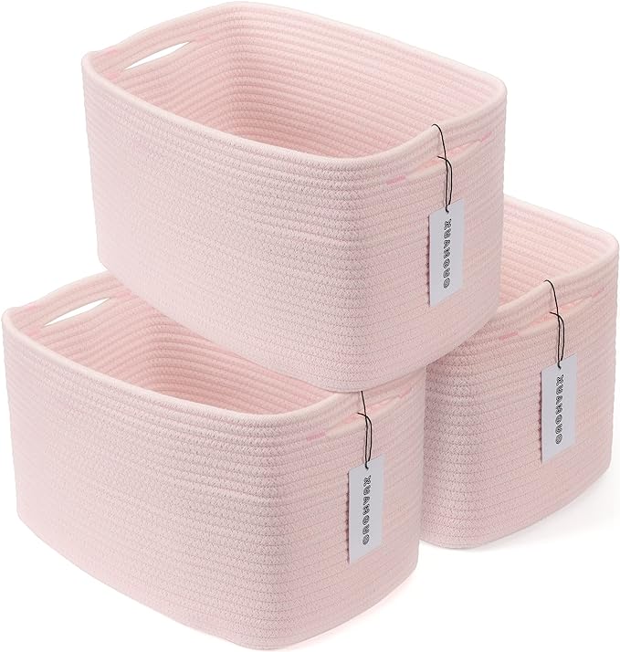 Cotton Rope storage Basket Bins Woven Basket for Organizing Shelves Rectangle Decorative Baskets For storage Clothes Toys Books Towels Square Wicker Nursery basket organizer 3 pack light pink