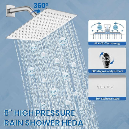 Airuida Shower Faucet Set Bathroom Rain Shower System SUS304 Stainless Steel Single Handle With Male Threads Rough-in Valve Shower Trim Kit 8 Inch Wall Mount Shower Head Chrome Polish