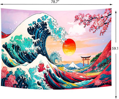 Delur Great Wave Tapestry Japanese Sunset Ocean Sea Wave Off Kanagawa Tapestry Wall Hanging Vintage Asian Anime Cherry Blossom Nature Headboard for Bedroom Living Room Home Decor (59.1" x 78.7")