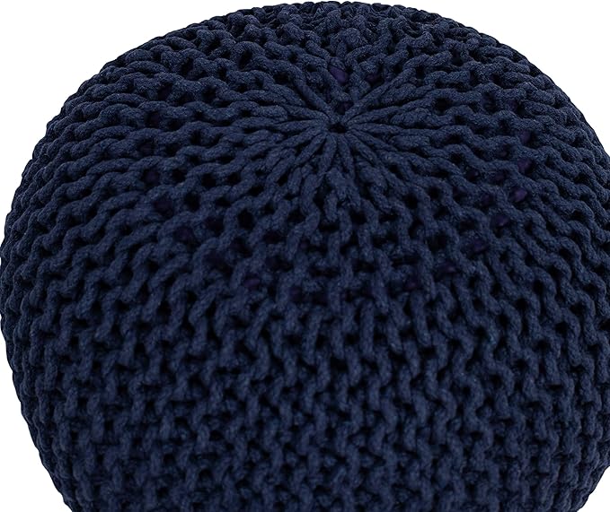BIRDROCK HOME Round Pouf Ottoman | Cotton Braided Foot Stool with Bean Bag Filling | Boho Foot Rest for Living Room & Bedroom | Compact & Comfortable Seating, Lightweight & Soft | Navy