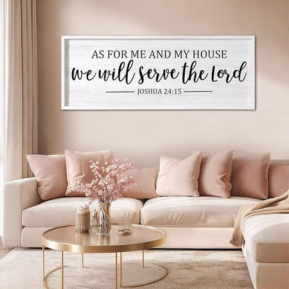 As For Me And My House We Will Serve The Lord Framed Wall Art, 40''×15'' Positive Religious Bible Verse for Christian God Jesus Christ Prayer, Vintage Rustic Long Holy Catholic Scripture Decor