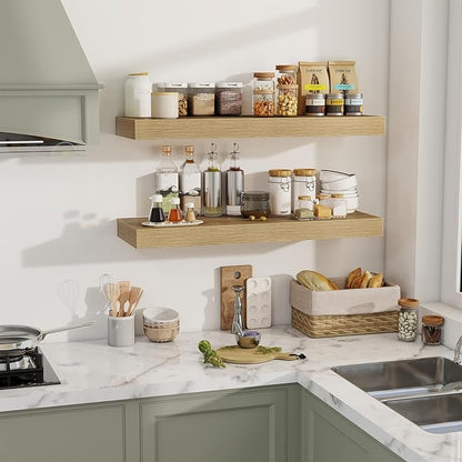 36 Inch Floating Shelves, 12" Deep Floating Shelf Wall Mounted, 36" Wall Shelves, Rustic Deep Bookshelf, Extra Deeper & Thicker Display Shelves for Bedroom, Living Room, Oak, Set of 2