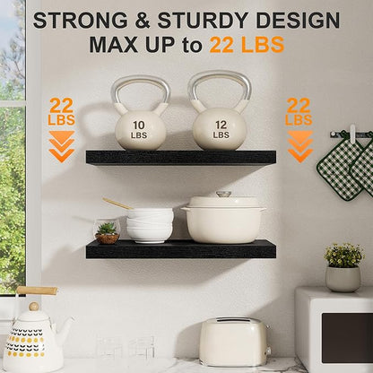 Black Floating Shelves 22.5 Inch Long, 8 Inch Deep Floating Shelf Wall Mounted, Rustic Wood Bathroom Shelves for Storage, 22.5x8 Deep Shelf Set of 2 with Invisible Brackets for Books|Storage|Decor