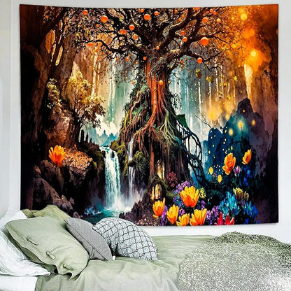 Delur Magical Forest Tapestry Fantasy Tree of Life Fairy Tale Enchanted Mystical Forest Tapestry Psychedelic Nature Landscape Wall Hanging Headboard for Bedroom Living Room Home Decor (70.8" x 92.5")