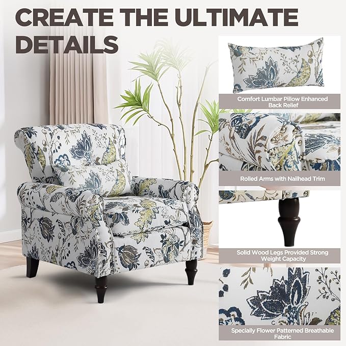 Wingback Accent Chair with Removable Pillow, High Back Floral Armchair with Solid Wood Legs & Nailhead Trim, Comfy Upholstered Reading Single Sofa Chair for Bedroom (1, Blue Floral Pattern)